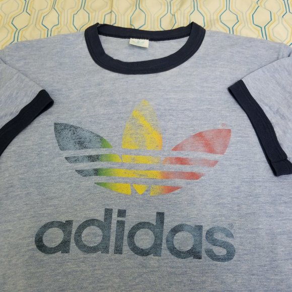 adidas | Shirts | Intage 8s Adidas Rainbow Trefoil Ringer T Shirt
